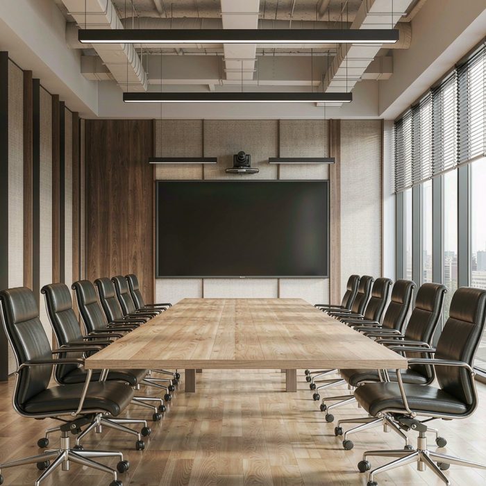 Executive audio and video conference room with PTZ camera and ceiling microphone arrays