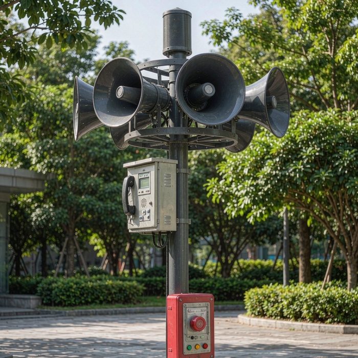 Outdoor emergency broadcast speaker pole with intercom call station and alarm button panel