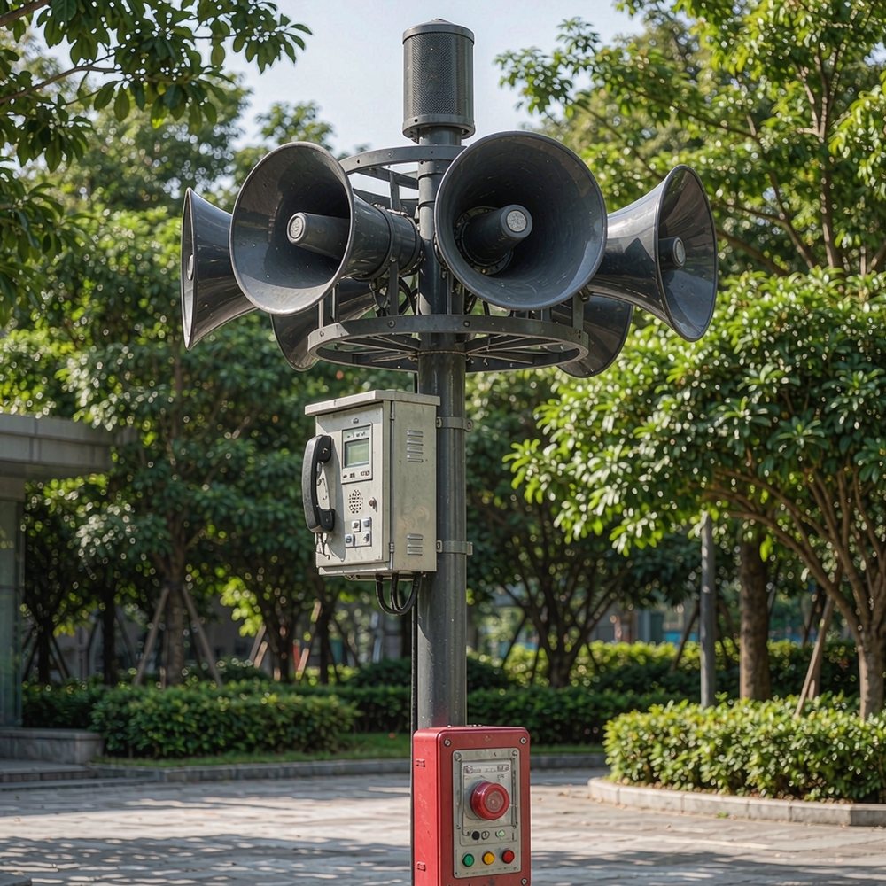 Outdoor emergency broadcast speaker pole with intercom call station and alarm button panel