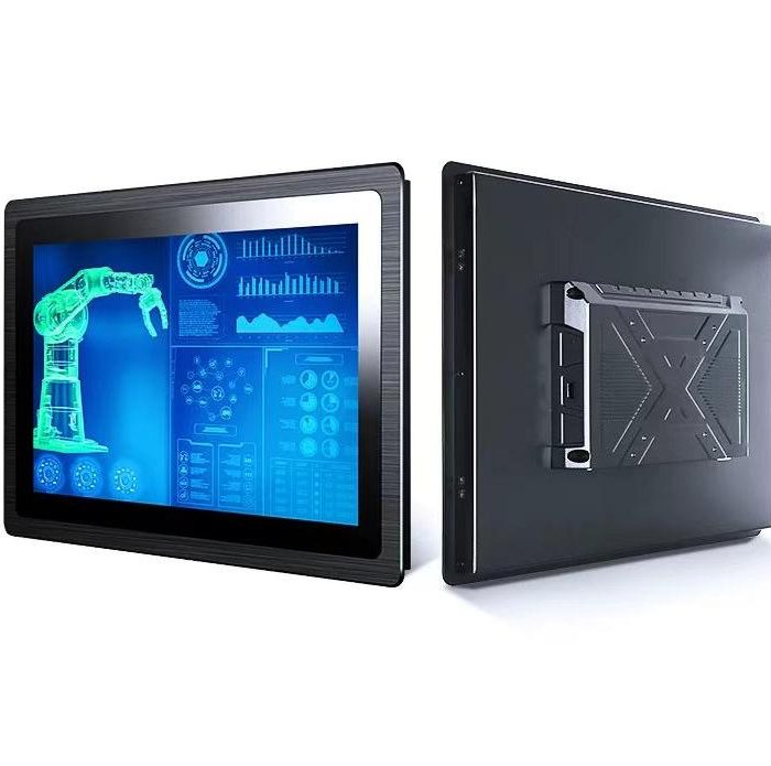 Industrial HMI touch screen panel, front and rear view